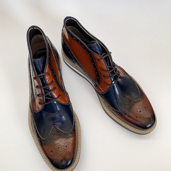 Brown-Navy Blue Derby Leather Half Boot - Picture 3 of 11